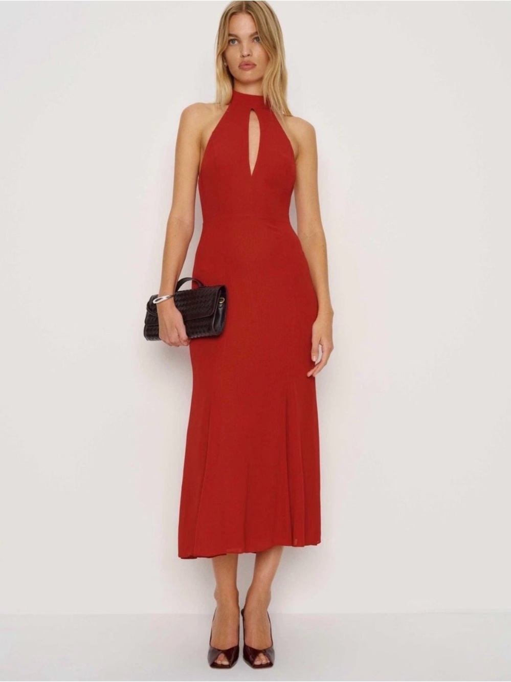 Reformation Red Halter Midi Dress with Keyhole